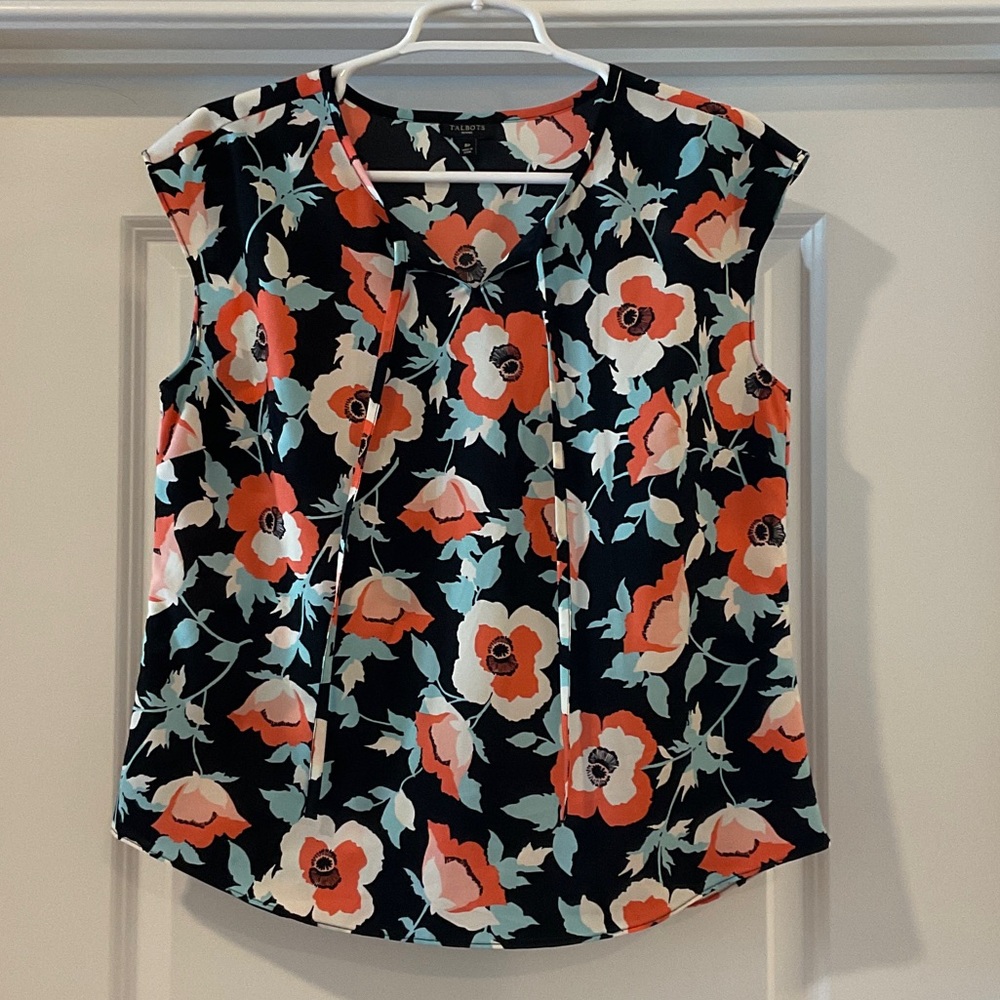 Talbots Floral Sleeveless Blouse - Black and Coral